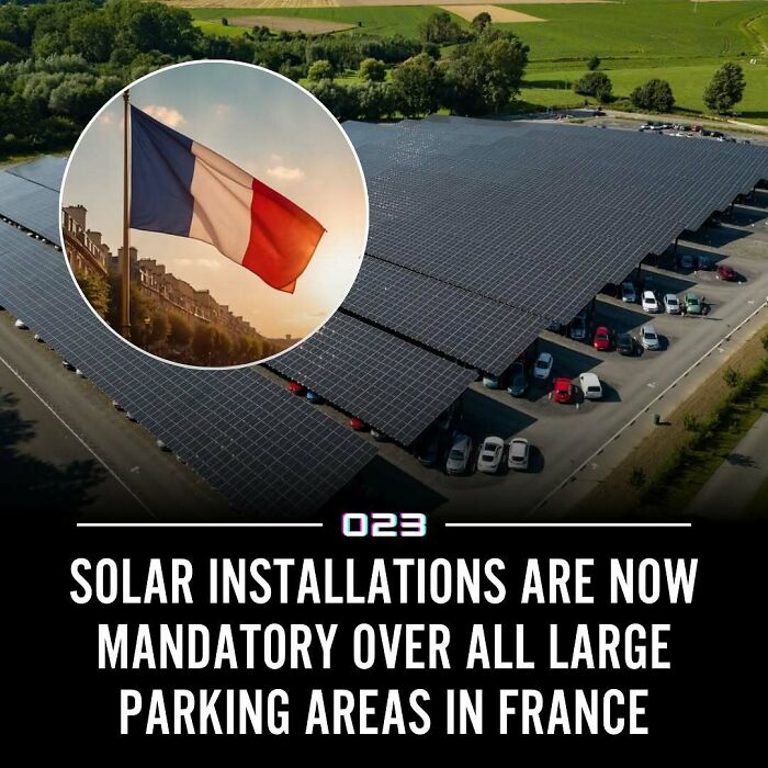 Large parking areas in France with solar installations highlighting positivity and sustainable energy use.