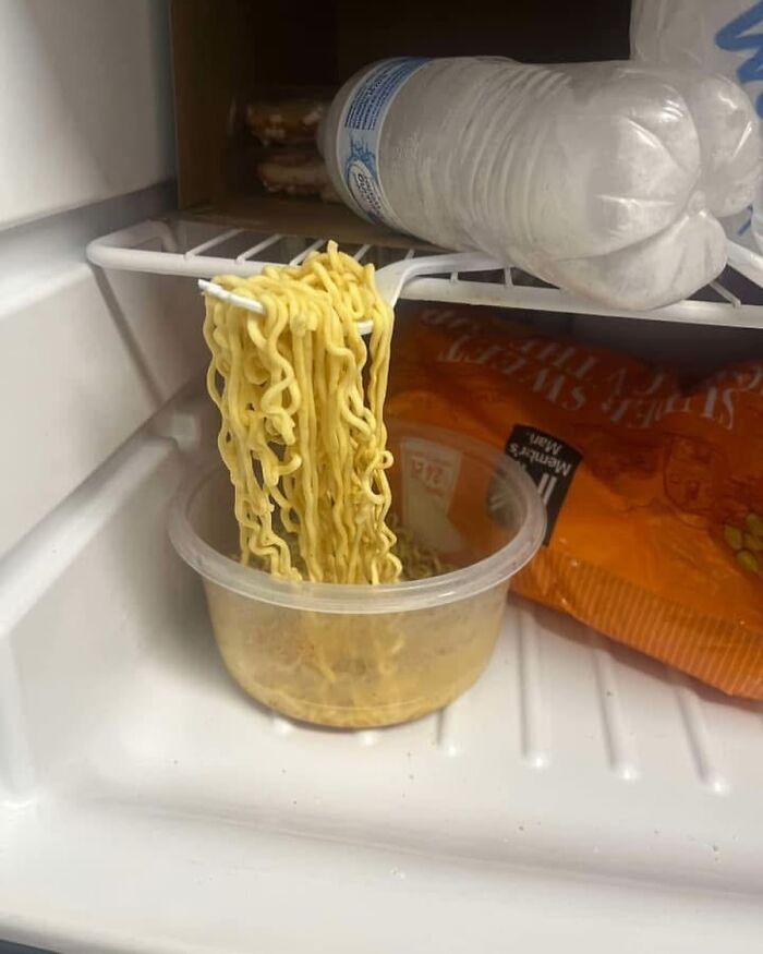 Ramen noodles hanging from fridge shelf, with a plastic container and frozen food bag inside a dude fridge.