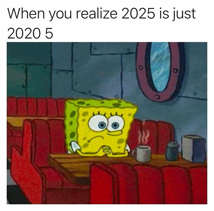 SpongeBob sitting alone in a diner booth, looking thoughtful with a cup of coffee, random meme humor concept.