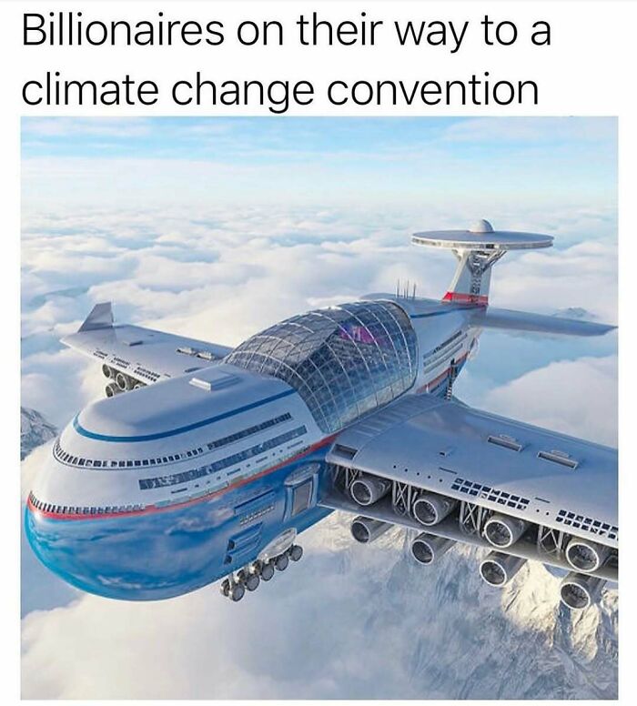 Humorous meme showing a futuristic jumbo jet with text about billionaires heading to a climate change convention.