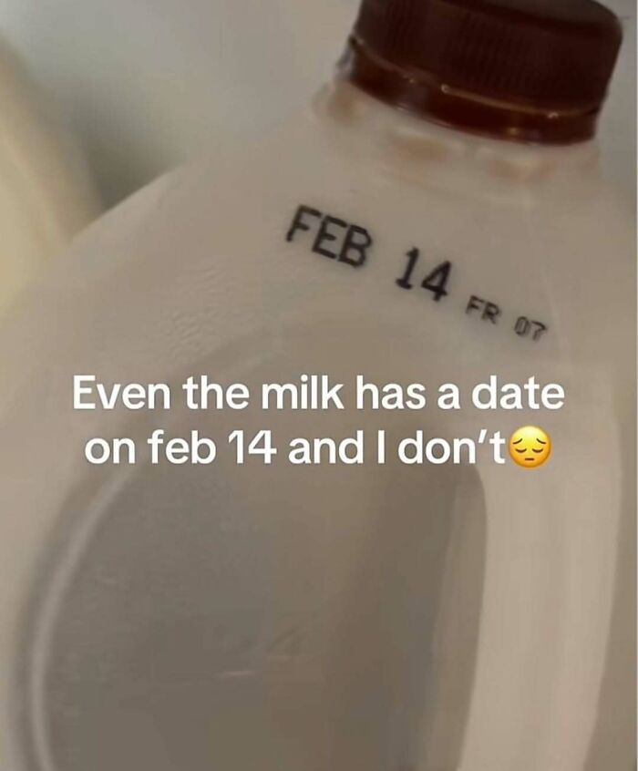 Milk jug with a February 14 expiration date and text highlighting loneliness inside a dude fridge setup.
