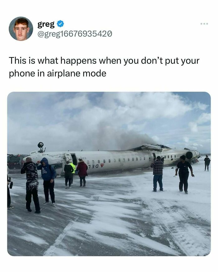 Twitter meme showing a crashed airplane with people around, highlighting random memes to spice up life humor.