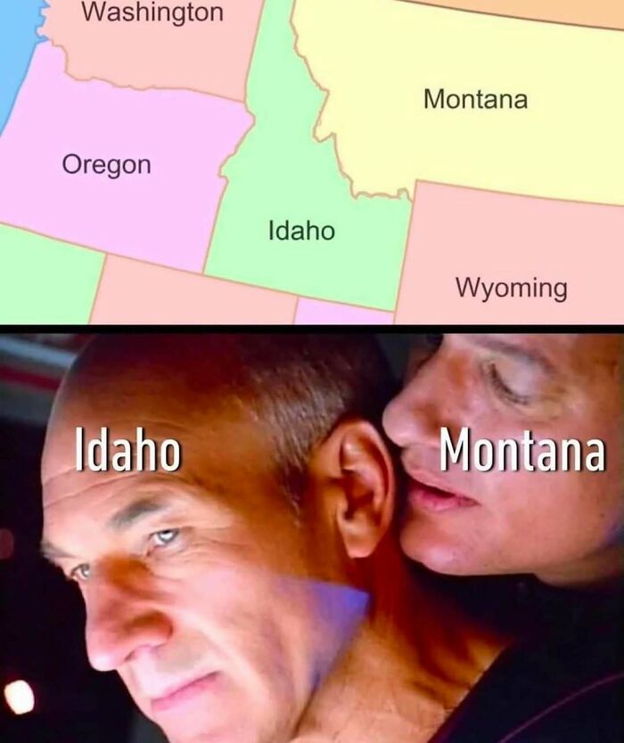 Map showing Idaho and Montana, paired with a meme of two men labeled Idaho and Montana in a funny unhinged meme style.