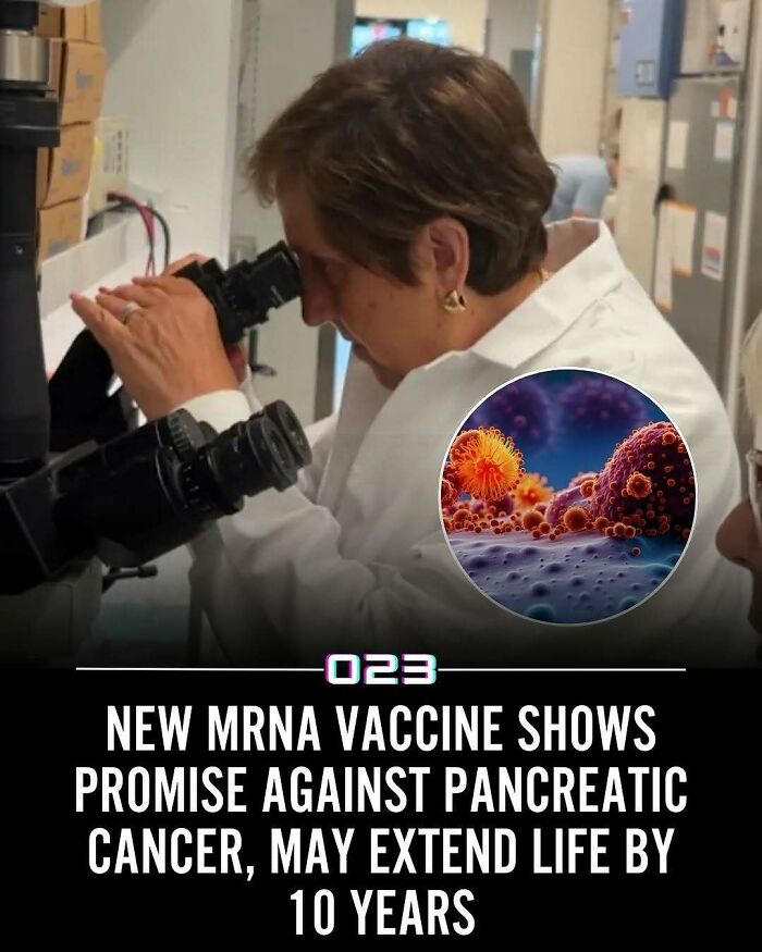 Scientist examining mRNA vaccine research promising pancreatic cancer treatment to extend life by 10 years.