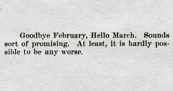 Vintage newspaper clipping showing humorous text about saying goodbye to February and welcoming March.