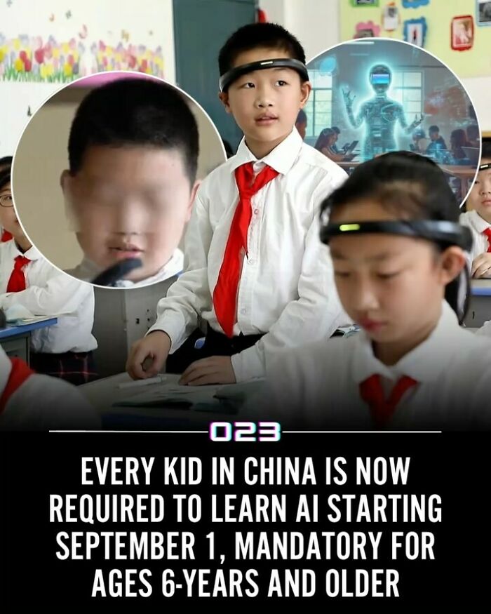 Children in China wearing red ties in classroom learning AI as part of positivity recommended wholesome facts about education.