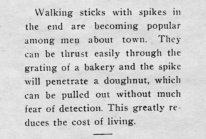 Vintage newspaper clipping describing walking sticks with spikes as a clever way to save money on food.