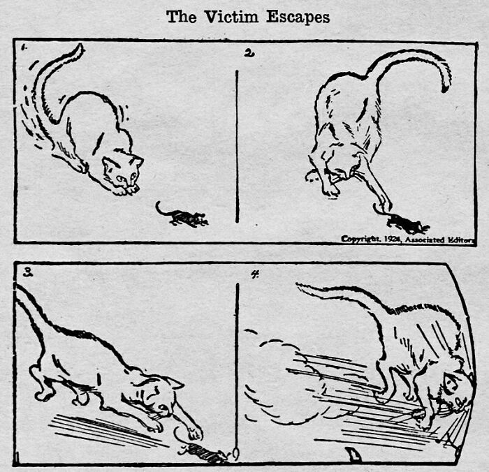 Vintage newspaper clipping illustrating a cat chasing a mouse in a humorous and relatable old comic strip style.