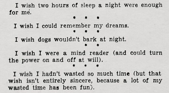 Vintage newspaper clipping with humorous and relatable wishes about sleep, dreams, and mind reading from the old days.