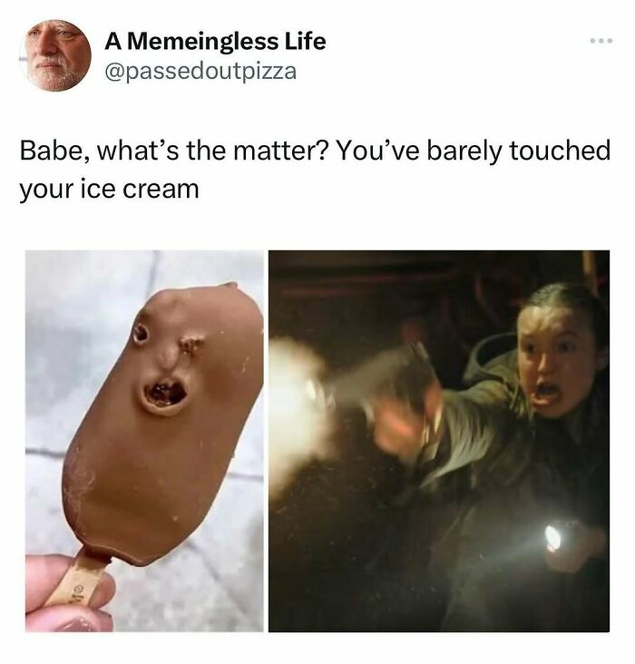 Meme about a chocolate ice cream bar with a face and a woman shooting a gun, random memes to spice up life.
