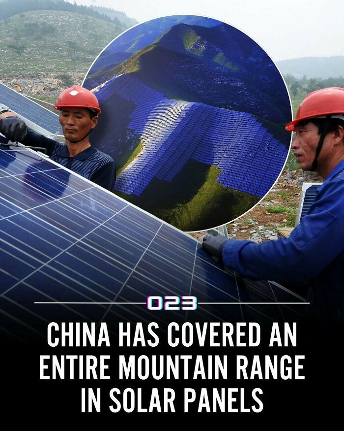 Workers installing solar panels on a mountain range in China promoting positivity with renewable energy solutions.