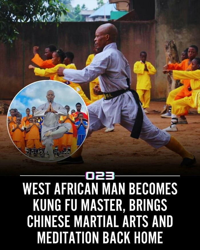 West African man practicing Kung Fu with students, promoting positivity through martial arts and meditation.