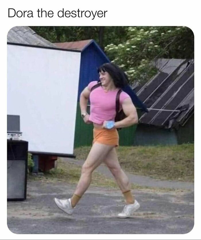 Person with muscular arms wearing a pink top and orange shorts walking confidently in a humorous reality meme.