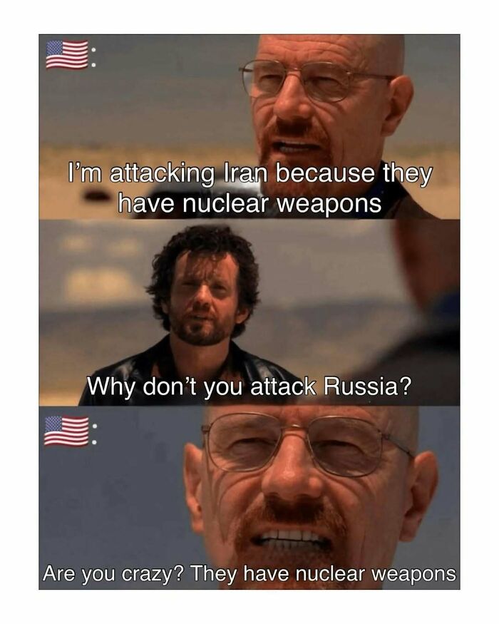 Scene from a meme featuring two men discussing nuclear weapons with text about attacking Iran and Russia.