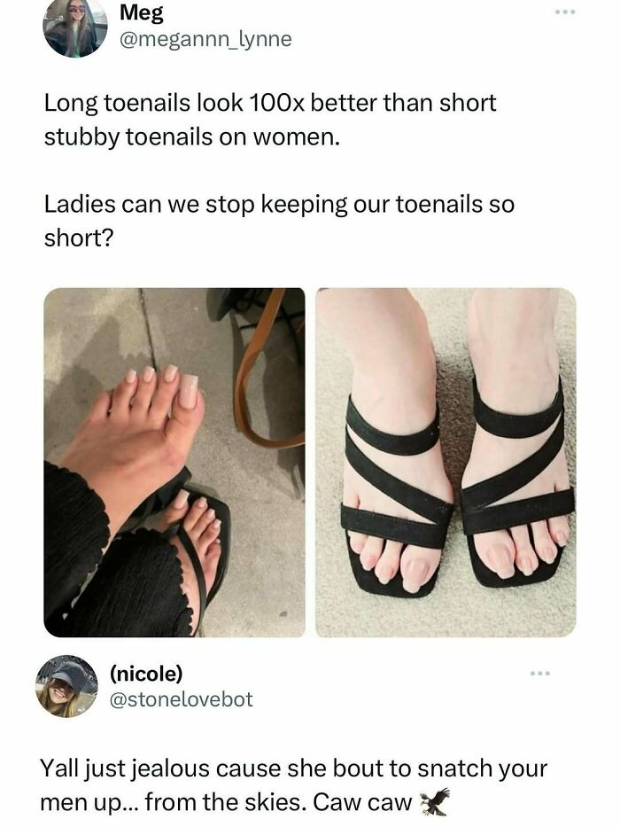 Funny meme about women’s toenails with images contrasting long and short nails, part of random memes to spice up life.