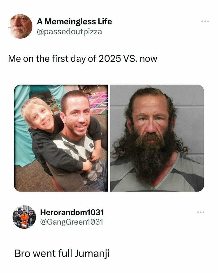 Comparison meme showing a man on the first day of 2025 versus a worn-out man, illustrating random memes to spice life up.