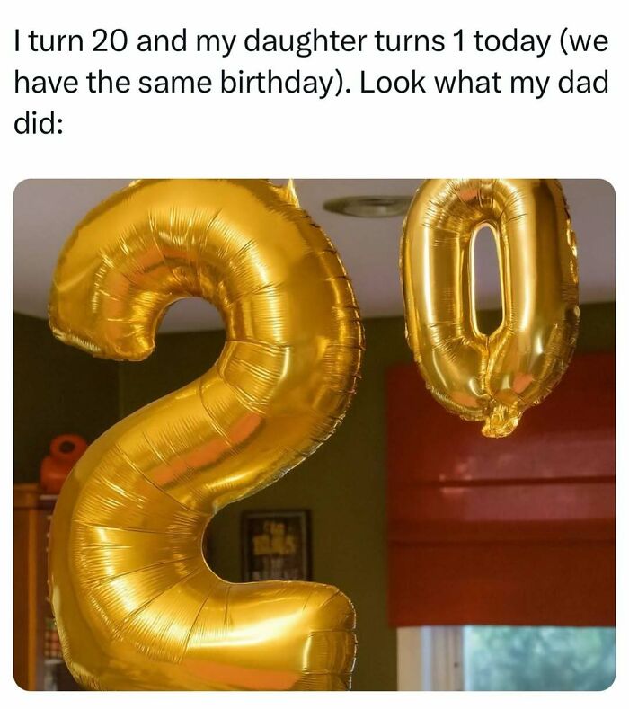Gold balloons shaped like numbers 2 and 0 celebrating a shared birthday in a funny dad jokes post.