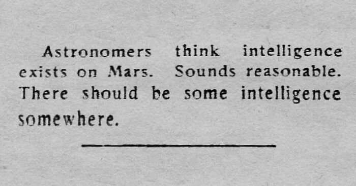 Vintage newspaper clipping humorously suggesting intelligence exists on Mars, showcasing relatable vintage content.