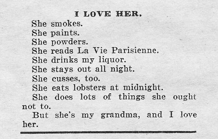 Vintage newspaper clippings showing a humorous and relatable poem about a grandma’s rebellious habits.