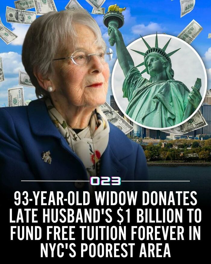 93-year-old widow donates late husband's $1 billion to fund free tuition, showcasing positivity and inspiring wholesome facts.