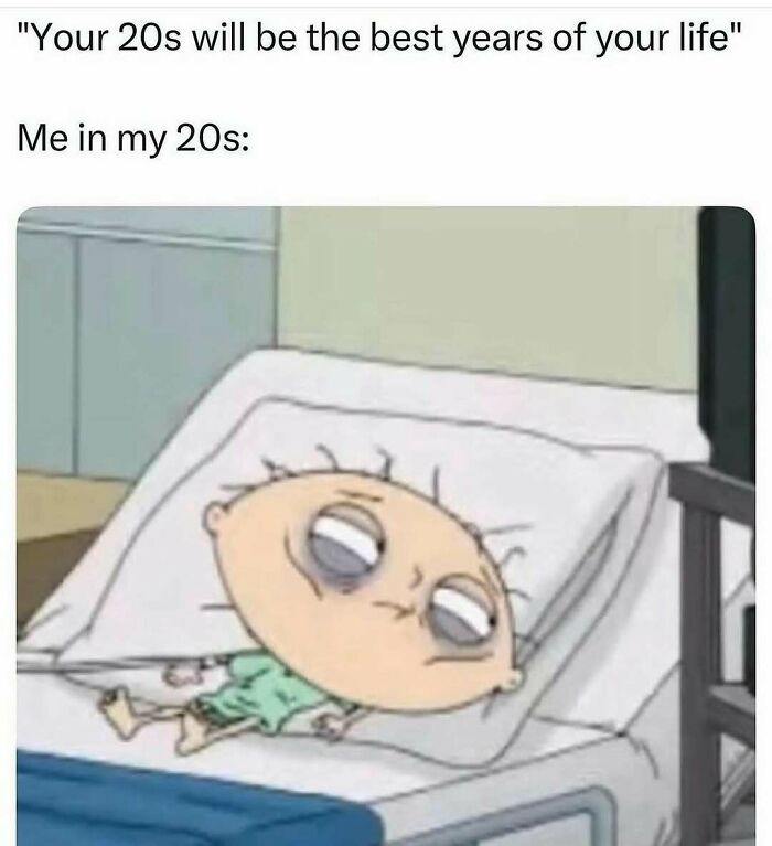 Tired cartoon character lying in bed illustrating memes to help you handle reality with humor.