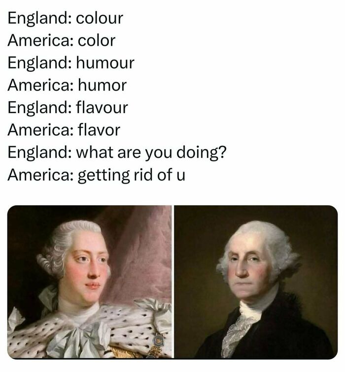 Comparison of British and American spelling paired with historical portraits in a dad joke format for funny dad jokes.