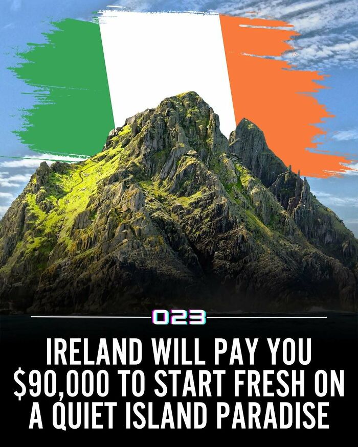 Mountain island under an artistic Ireland flag in bright daylight, representing positivity and wholesome facts.