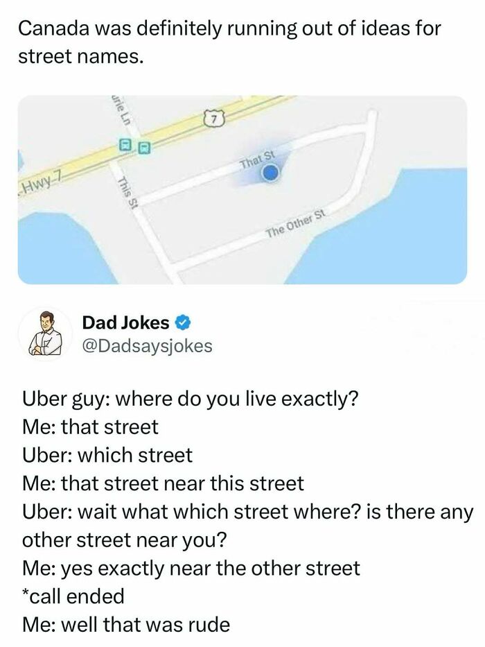 Map showing streets named That St, This St, and The Other St with a funny dad joke about confusing street names.