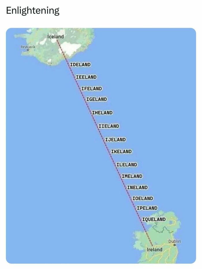 Map humor showing a line between Iceland and Ireland with playful dad jokes altering their names.