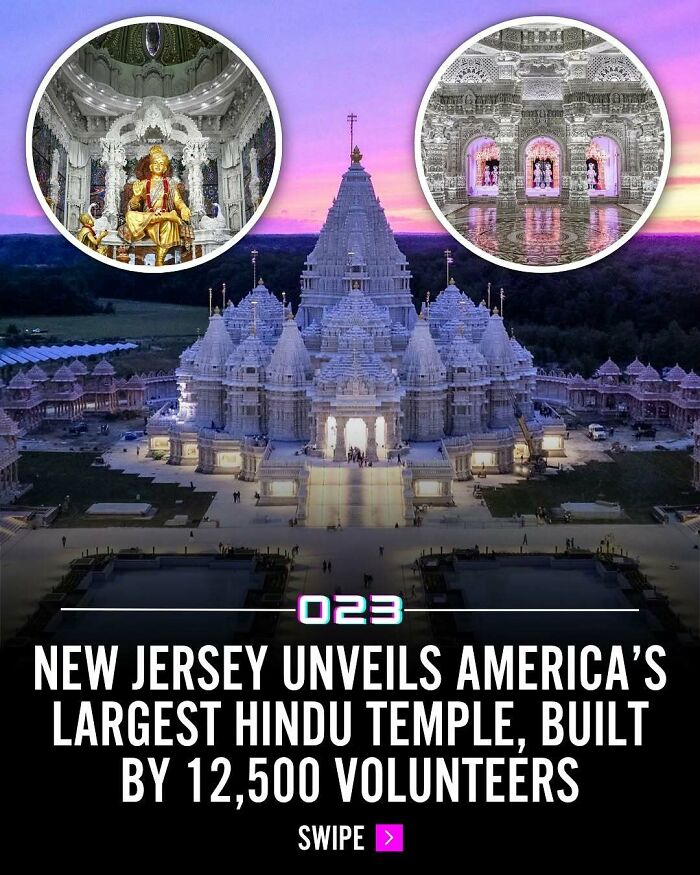 Aerial view of America’s largest Hindu temple in New Jersey, showcasing intricate white architecture and vibrant spiritual statues.