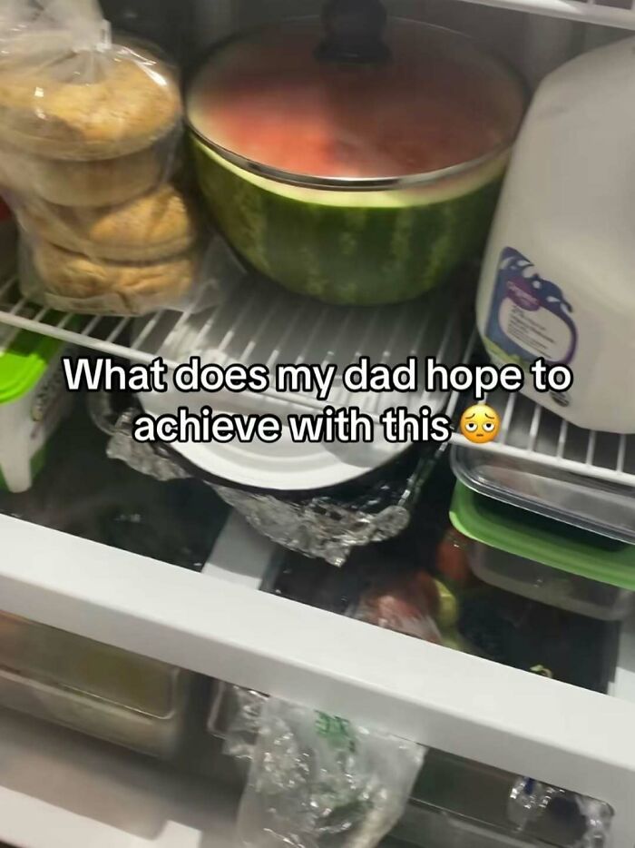 Inside a dude fridge showing a watermelon covered with a lid, cookies, milk, and various food containers on shelves.