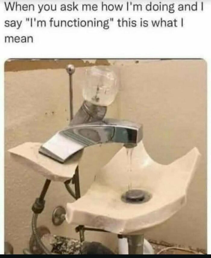 Funny meme showing a broken sink with water barely dripping to handle reality with humor in daily life situations.