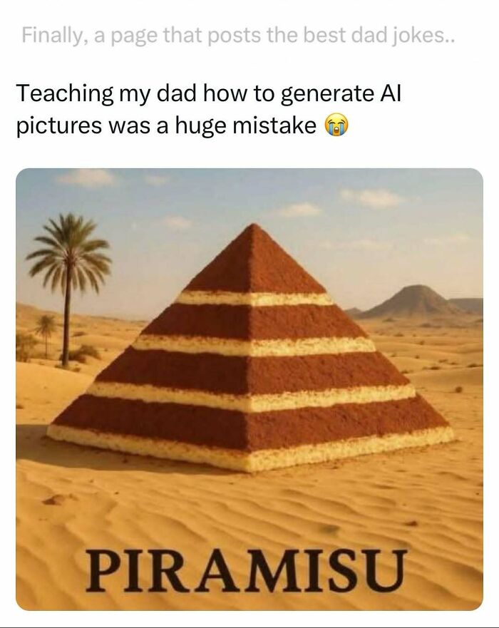 Pyramid-shaped tiramisu dessert in desert with dad joke about AI picture generation and funny dad jokes theme.