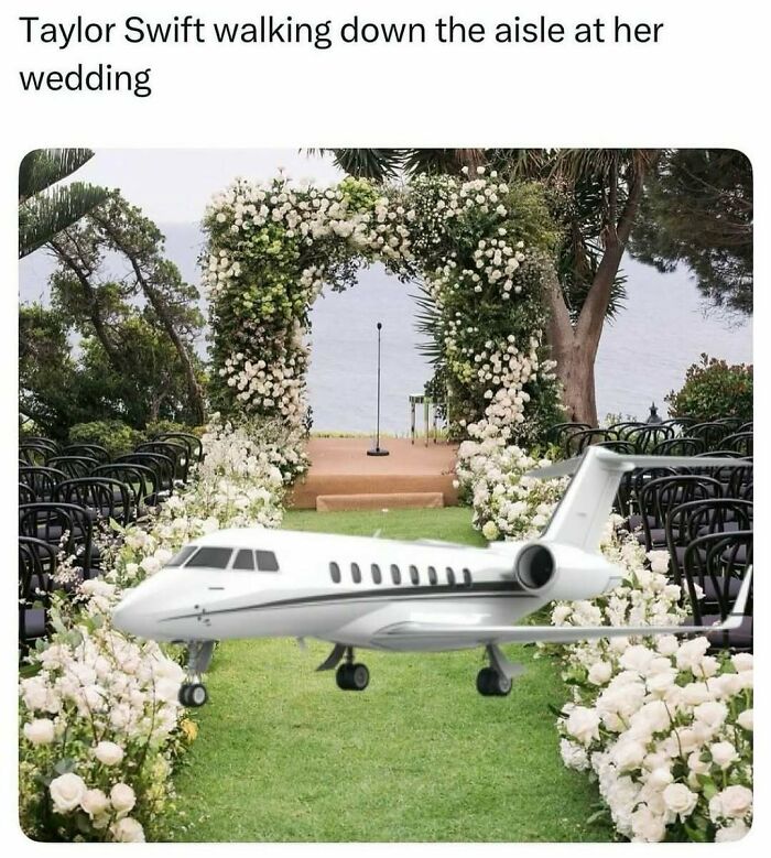 Private jet taxiing down a wedding aisle with floral decorations and seating, featured in random memes to spice life up.