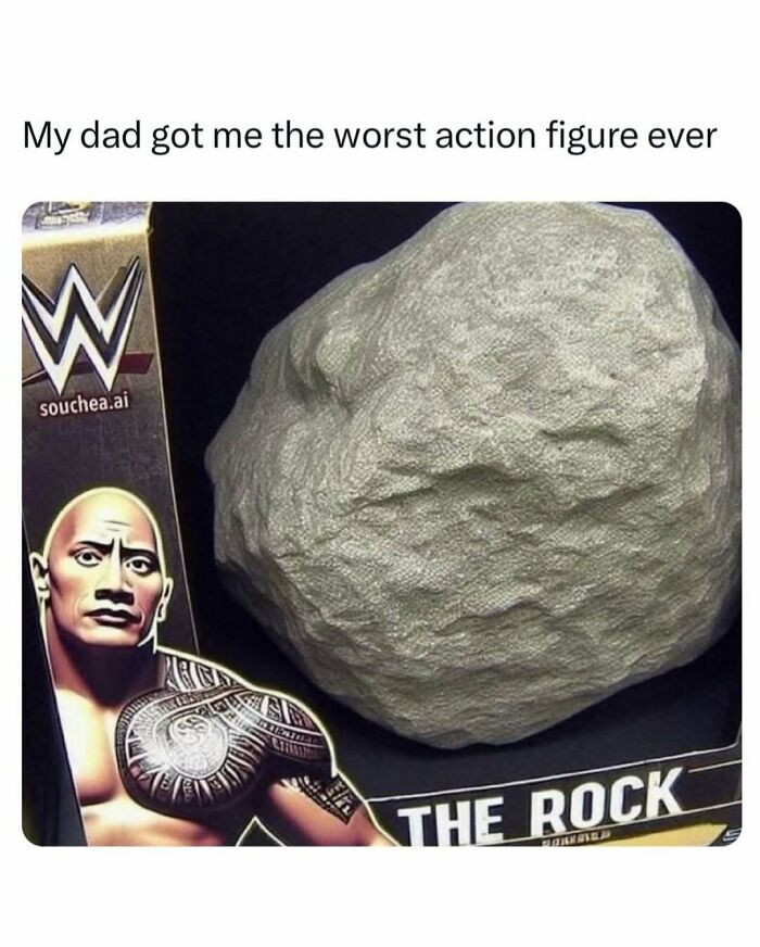 A funny dad joke showing a toy box for WWE's The Rock with a large rock inside as the action figure.