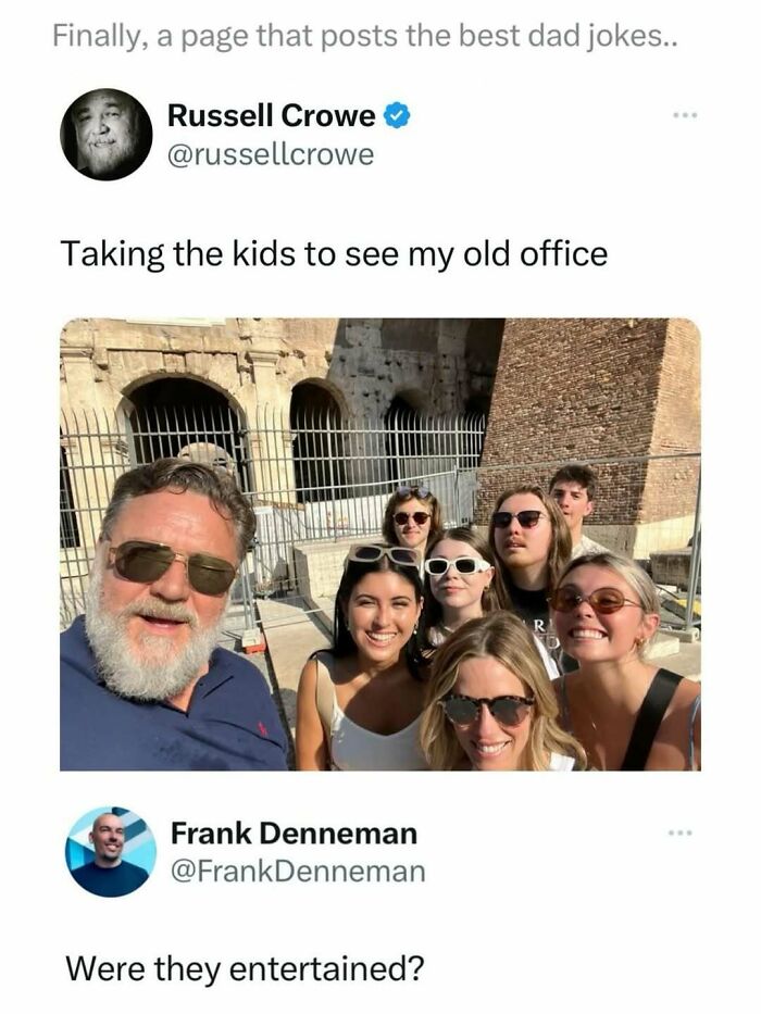 Russell Crowe and family outside Colosseum in Rome, a funny dad jokes post from a dedicated dad jokes account.