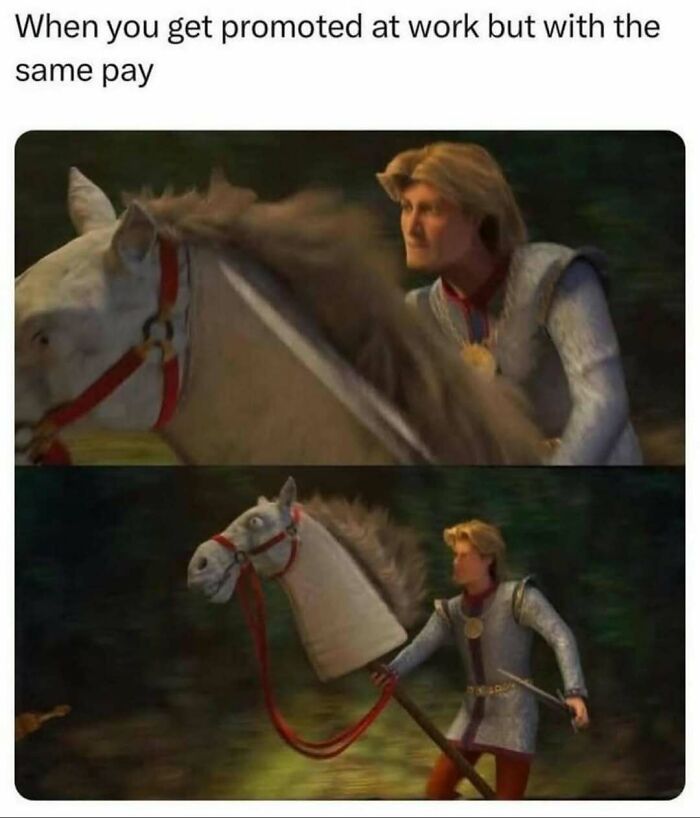 Animated character humor showing a man riding a stick horse with text about getting promoted at work with the same pay.