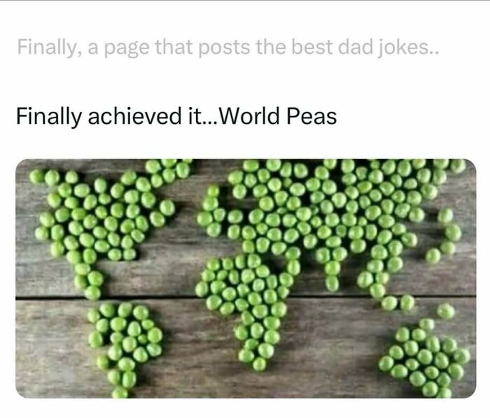 World map made of green peas humorously illustrating a dad joke about "World Peas" for funniest dad jokes content.