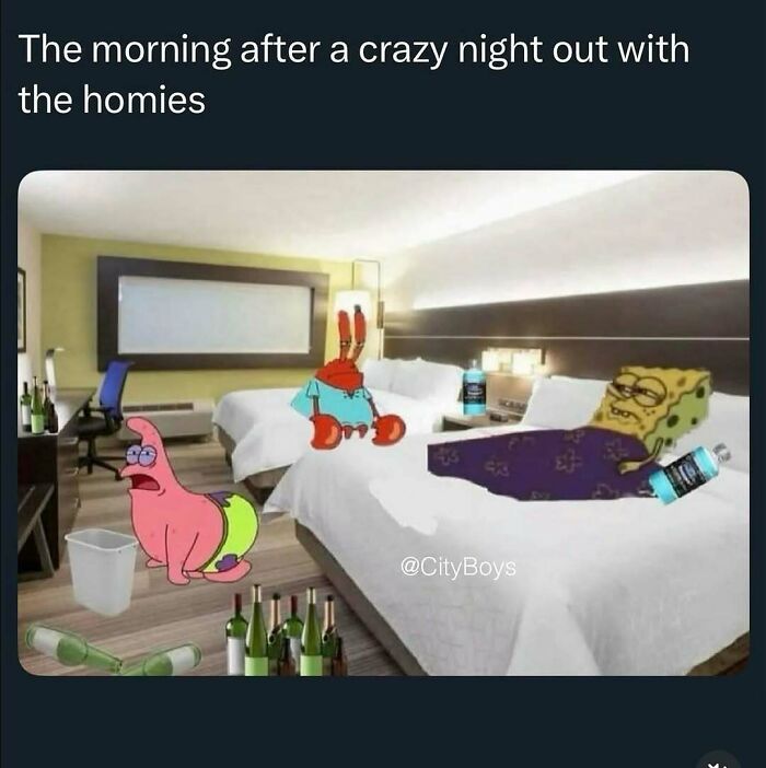 SpongeBob and friends hungover in a messy hotel room, a funny meme to handle reality with humor.