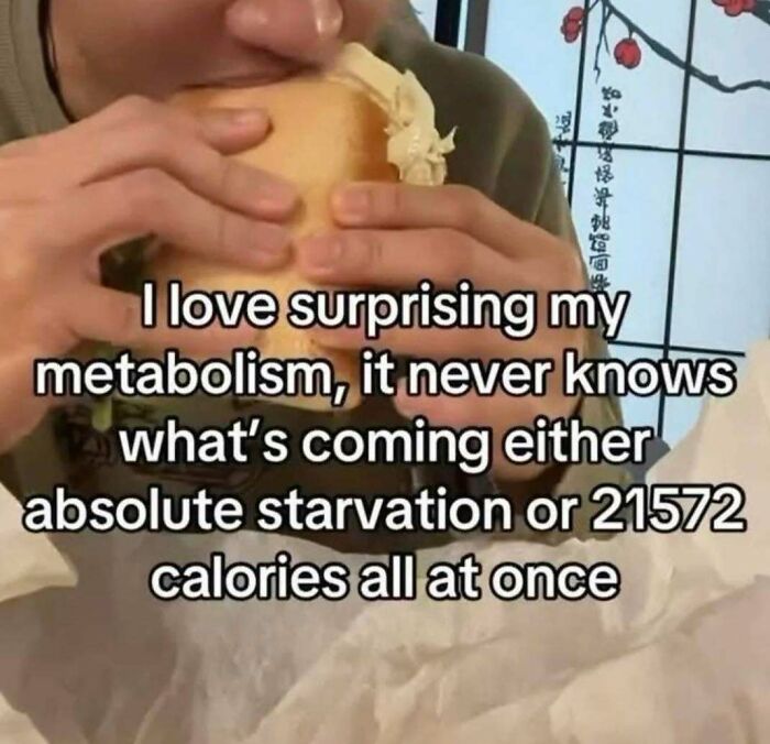 Person eating a sandwich with a meme text about surprising metabolism and calorie intake from Know Your Meme.