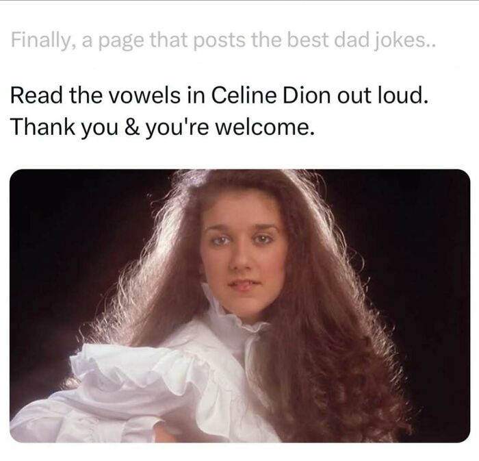 Image of a vintage portrait of Celine Dion with a dad joke about reading the vowels in her name aloud, highlighting funny dad jokes.