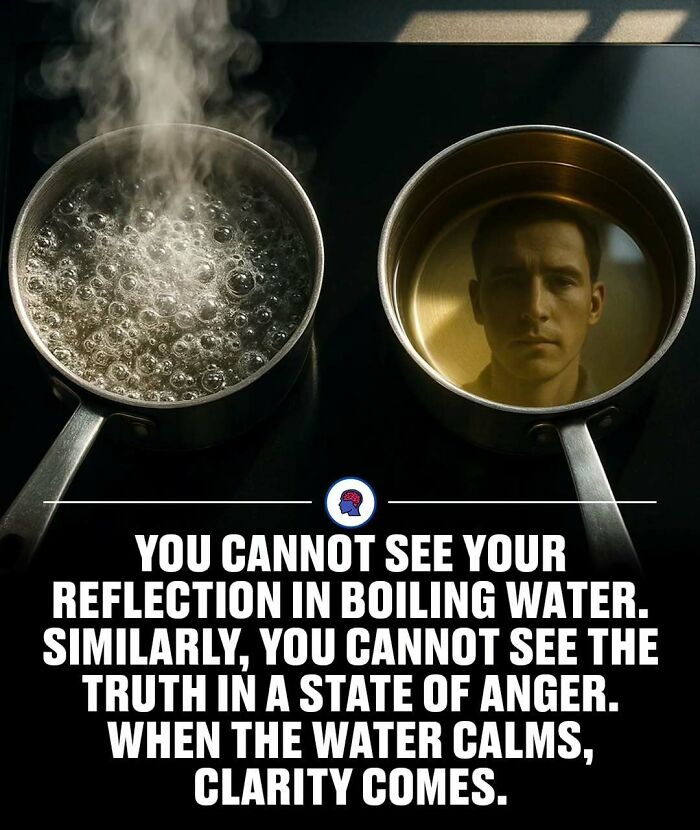Two pots on a stove, one with boiling water and the other reflecting a man's face, illustrating psychology facts.