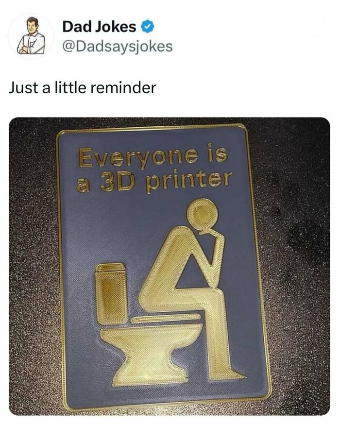 Dad jokes post showing a gold plaque with a person sitting on a toilet and text saying everyone is a 3D printer.