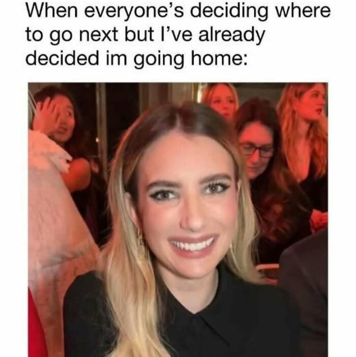 Woman smiling at an event with text about choosing to go home, representing memes to handle reality with humor.