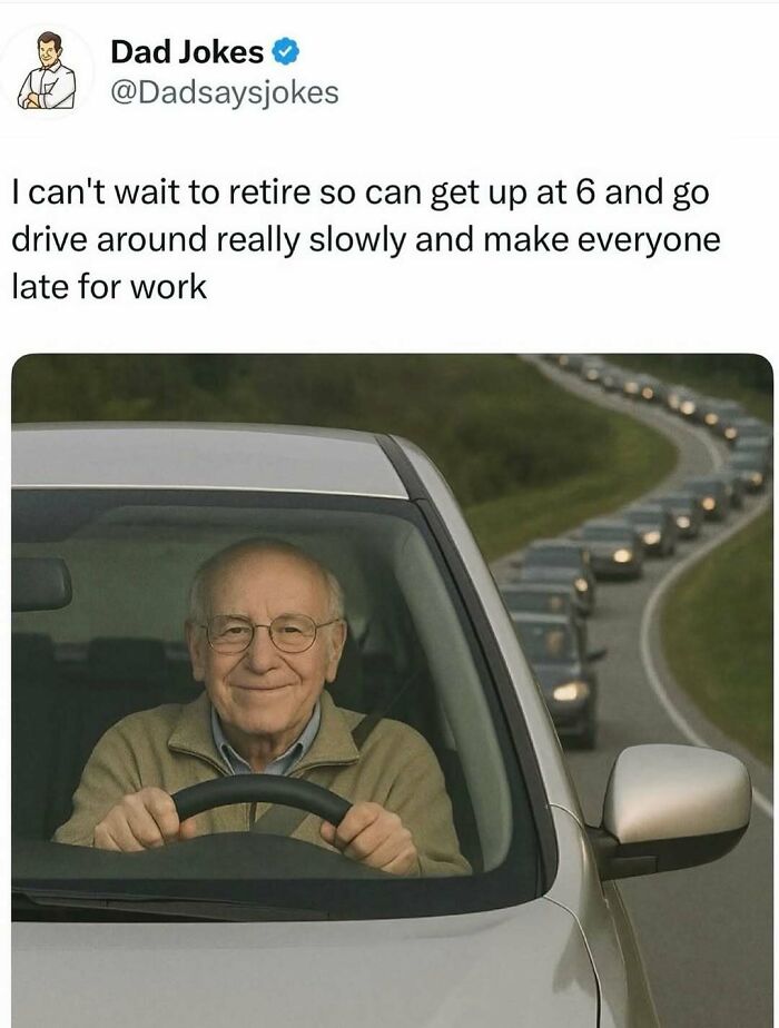 Elderly man smiling while driving slowly in a car humorously delaying traffic in a funny dad jokes post.