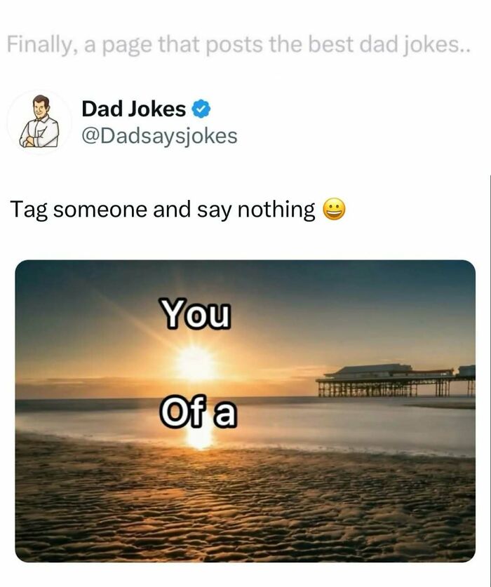 Screenshot of a dad jokes social media post featuring a sunset with the text You Of a, showcasing funny dad jokes.