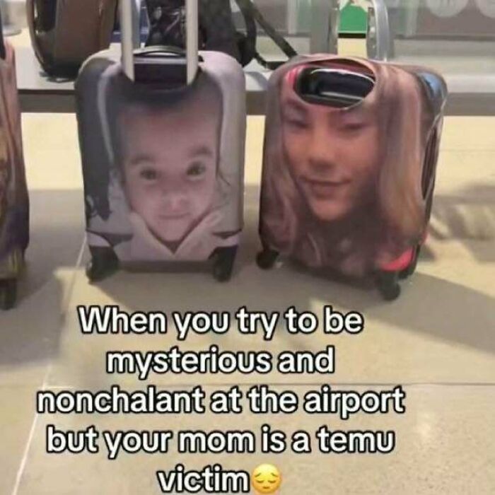 Two suitcases with distorted faces printed on them and humorous meme text about being mysterious at the airport, Know Your Meme.
