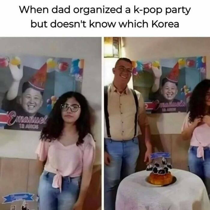 Young woman and man at a party confused by k-pop theme with humorous meme about Korea in the background.