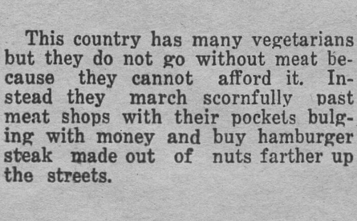 Vintage newspaper clipping humorously describing vegetarians avoiding meat shops and buying nut-based steak.