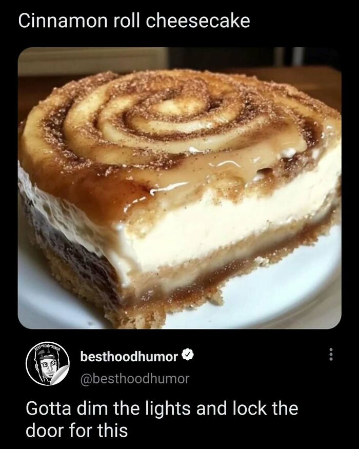Close-up of a cinnamon roll cheesecake slice with creamy layers, featured in memes that have no reason to be this funny.